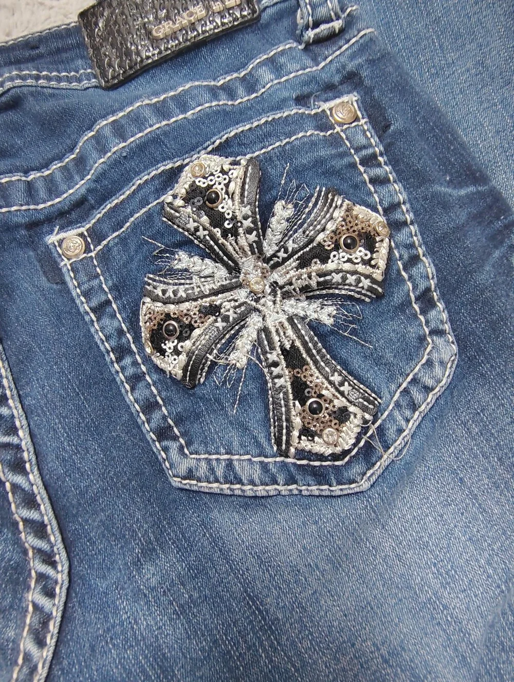 Grace in LA  Embellished Dark Boot Cut Jeans Women's 26 Mcbling Y2K Retro 2000